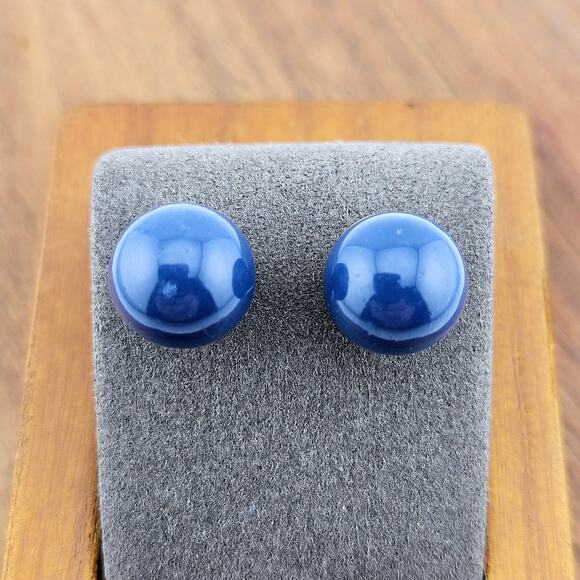 Silver Tone Post Navy Blue Bead Stud Earrings Round Simple Minimalist Everyday - Picture 2 of 5